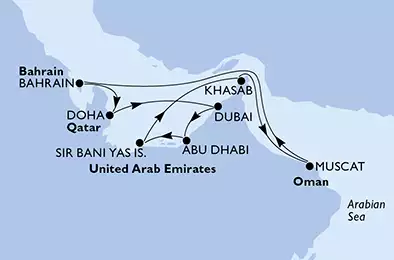 MSC LIRICA - útvonalterv 11 éjszaka indulás Dubai,U.Arab Emirates kelt 11/12/2019 - Dubai,Dubai,Abu Dhabi,Sir Bani Yas Is,Khasab,Muscat,Bahrain,Doha,Doha,Dubai,Dubai