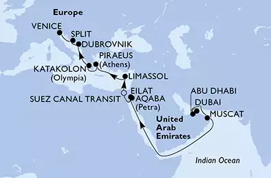 Dubai,Dubai,Abu Dhabi,Muscat,Eilat,Aqaba,Suez CanalXXTransit,Suez Canal Transit,Limassol,Piraeus,Katakolon,Dubrovnik,Split,Venice