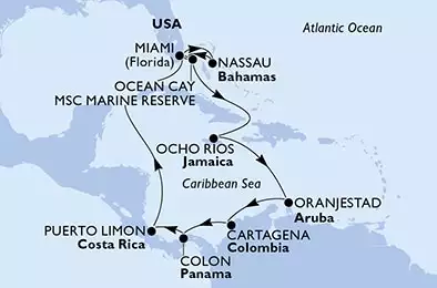 Miami,Nassau,Ocean Cay,Miami,Ocean Cay,Ocho Rios,Oranjestad,Cartagena,Colon,Puerto Limon,Miami