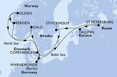 Warnemunde,Bergen,Olden,Oslo,Copenhagen,Warnemunde,St Petersburg,Tallinn,Stockholm,Copenhagen,Warnemunde