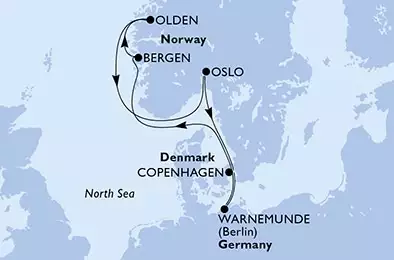 Warnemunde,Bergen,Olden,Oslo,Copenhagen,Warnemunde