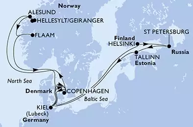 Kiel,Copenhagen,Hellesylt/Geiranger,Alesund,Flaam,Kiel,Copenhagen,Helsinki,St Petersburg,Tallinn,Kiel