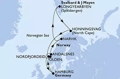 Hamburg,Olden,Andalsnes,Narvik,Longyearbyen,Honningsvag,Nordfjordeid,Hamburg