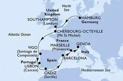 Hamburg,Southampton,Cherbourg,Vigo,Lisbon,Cadiz,Barcelona,Marseille,Genoa