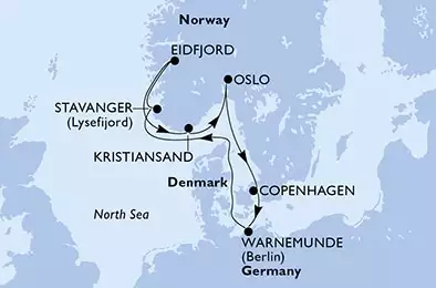 Copenhagen,Warnemunde,Stavanger,Eidfjord,Kristiansand,Oslo,Copenhagen