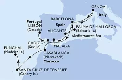 Lisbon,Lisbon,Cadiz,Malaga,Alicante,Palma de Mallorca,Barcelona,Genoa,Barcelona,Casablanca,Santa Cruz de Tenerife,Funchal