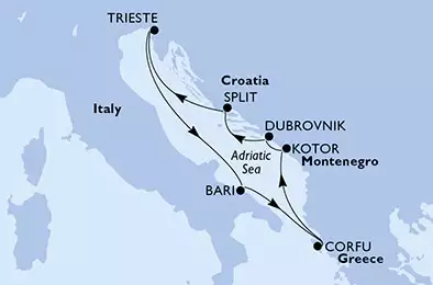 Trieste,Bari,Corfu,Kotor,Dubrovnik,Split,Trieste