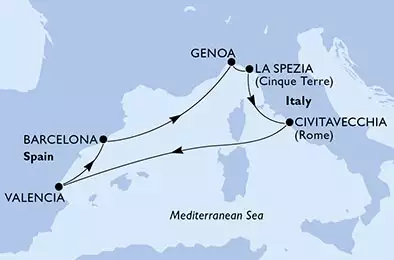 MSC GRANDIOSA - útvonalterv 7 éjszaka indulás Civitavecchia, Italy kelt 01/09/2021 - Italy,Spain