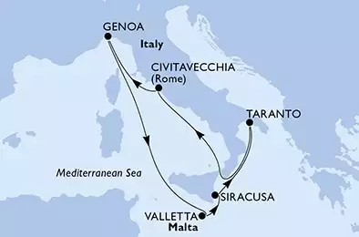 MSC SEASIDE - útvonalterv 7 éjszaka indulás Genoa, Italy kelt 05/06/2021 - Italy,Malta
