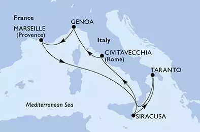 MSC SEASIDE - útvonalterv 7 éjszaka indulás Siracusa, Italy kelt 02/11/2021 - Siracusa,Taranto,Civitavecchia,Genoa,Marseille,Siracusa
