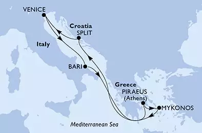 MSC MAGNIFICA - útvonalterv 7 éjszaka indulás Venice, Italy kelt 01/08/2021 - Venice,Bari,Piraeus,Mykonos,Split,Venice