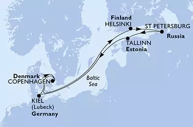 Kiel,Copenhagen,Helsinki,St Petersburg,Tallinn,Kiel