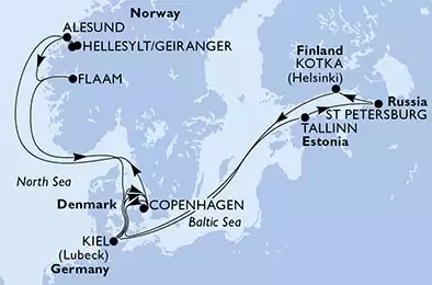 Copenhagen,Tallinn,St Petersburg,Kotka,Kiel,Copenhagen,Hellesylt/Geiranger,Alesund,Flaam,Kiel,Copenhagen