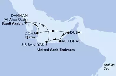 MSC VIRTUOSA - útvonalterv 7 éjszaka indulás Dubai,U.Arab Emirates kelt 27/11/2021 - United Arab Emirates,Saudi Arabia,Qatar