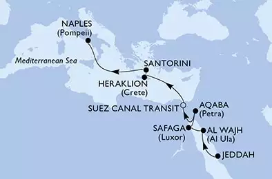 Jeddah,Al Wajh,Safaga,Aqaba,Suez Canal South,Suez Canal North,Heraklion,Santorini,Naples