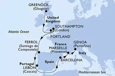 Greenock,Southampton,Portland,Southampton,Ferrol,Lisbon,Barcelona,Marseille,Genoa