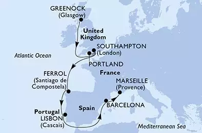 Greenock,Southampton,Portland,Southampton,Ferrol,Lisbon,Barcelona,Marseille