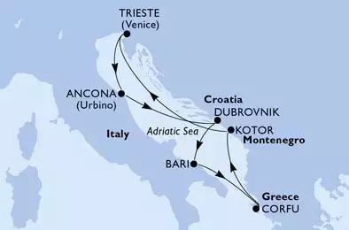 Trieste, Ancona, Dubrovnik, Bari, Corfu, Kotor, Trieste