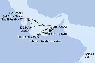 MSC WORLD EUROPA - útvonalterv 9 éjszaka indulás Doha, Qatar kelt 20/12/2022 - Doha,Dubai,Abu Dhabi,Sir Bani Yas,Dubai,Abu Dhabi,Sir Bani Yas,Dammam,Doha