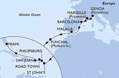 MSC SEASHORE - útvonalterv 18 éjszaka indulás Genoa, Italy kelt 31/10/2021 - Italy,France,Spain,Portugal,Antigua and Barbuda,Netherlands Antilles,Virgin Islands (British),Puerto Rico,United States