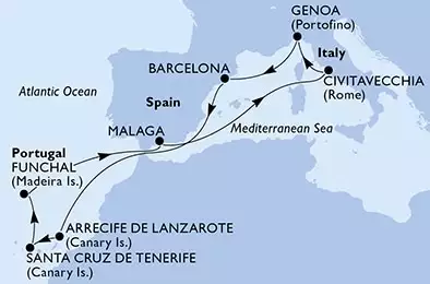 MSC SPLENDIDA - útvonalterv 11 éjszaka indulás Genoa, Italy kelt 15/10/2021 - Italy,Spain,Portugal