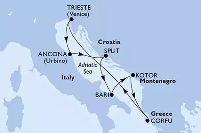 Trieste,Ancona,Split,Bari,Kotor,Corfu,Trieste