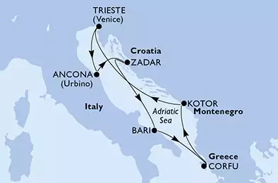 Ancona,Zadar,Bari,Corfu,Kotor,Trieste,Ancona