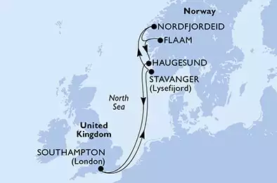 Southampton,Stavanger,Nordfjordeid,Flaam,Haugesund,Southampton