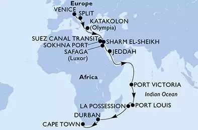 Venice,Split,Katakolon,Suez Canal North,Suez Canal South,Sokhna Port,Sharm El-Sheikh,Safaga,Jeddah,Port Victoria,Port Louis,La Possession,Durban,Cape Town