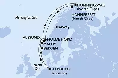 Hamburg,Alesund,Honningsvag,Hammerfest,Molde Fjord,Maloy,Bergen,Hamburg