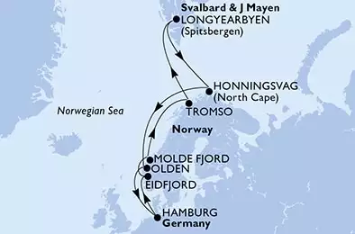 Hamburg,Eidfjord,Molde Fjord,Tromso,Longyearbyen,Honningsvag,Olden,Hamburg