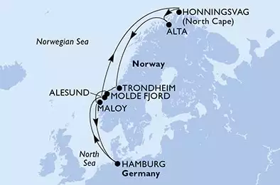 Hamburg,Alesund,Honningsvag,Alta,Trondheim,Molde Fjord,Maloy,Hamburg