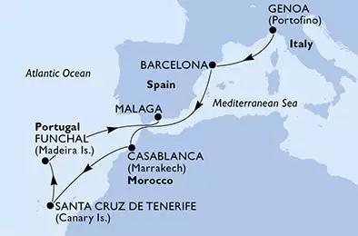 Genoa,Barcelona,Casablanca,Santa Cruz de Tenerife,Funchal,Malaga