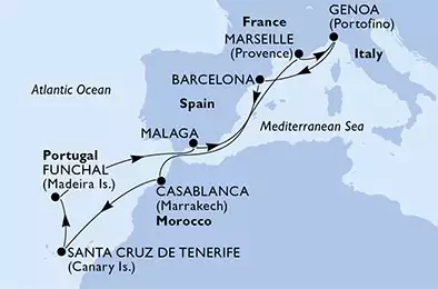 Barcelona,Casablanca,Santa Cruz de Tenerife,Funchal,Malaga,Marseille,Genoa,Barcelona