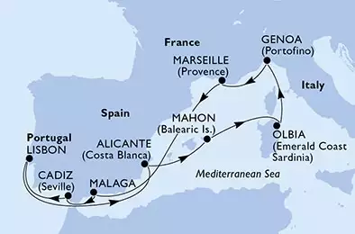 Lisbon,Alicante,Mahon,Olbia,Genoa,Marseille,Malaga,Cadiz,Lisbon