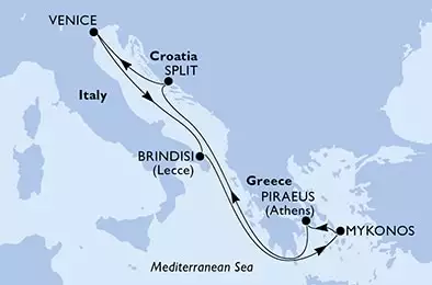 Split,Venice,Brindisi,Mykonos,Piraeus,Split