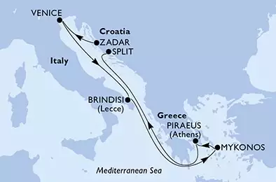 Zadar,Venice,Brindisi,Mykonos,Piraeus,Split