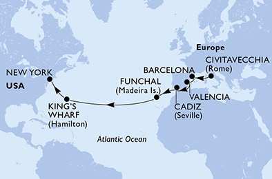 Civitavecchia,Barcelona,Valencia,Cadiz,Funchal,King's Wharf,New York