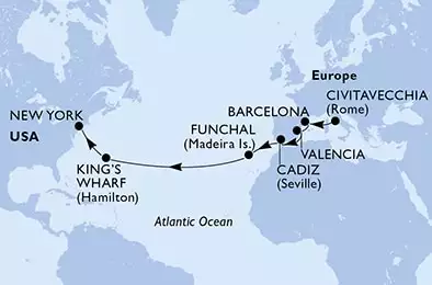 Civitavecchia,Barcelona,Valencia,Cadiz,Funchal,King's Wharf,New York