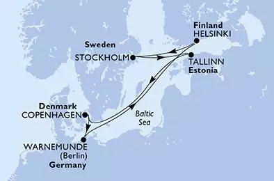 MSC POESIA - útvonalterv 7 éjszaka indulás Warnemunde,Germany kelt 26/06/2022 - Germany,Finland,Sweden,Estonia,Denmark