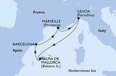 MSC SEAVIEW - útvonalterv 5 éjszaka indulás Marseille, France kelt 03/11/2023 - Marseille,Genoa,Palma de Mallorca,Barcelona,Marseille