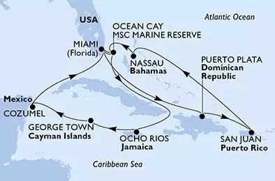 Miami,Ocean Cay,Ocho Rios,George Town,Cozumel,Miami,Puerto Plata,San Juan,Nassau,Ocean Cay,Miami