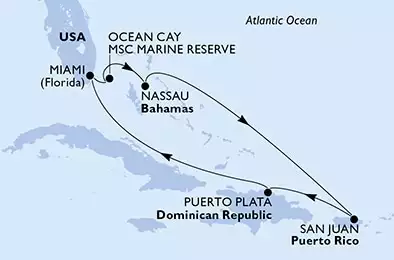MSC SEASCAPE - útvonalterv 7 éjszaka indulás Miami, United States kelt 30/04/2023 - Miami,Ocean Cay,Nassau,San Juan,Puerto Plata,Miami