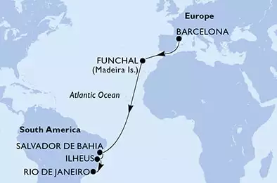 Barcelona,Funchal,Salvador,Ilheus,Rio de Janeiro