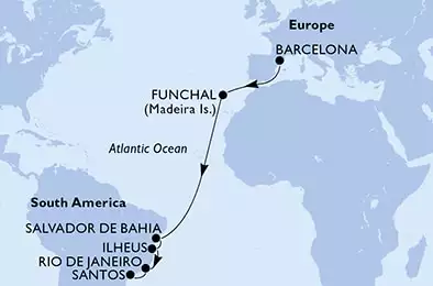 Barcelona,Funchal,Salvador,Ilheus,Rio de Janeiro,Santos