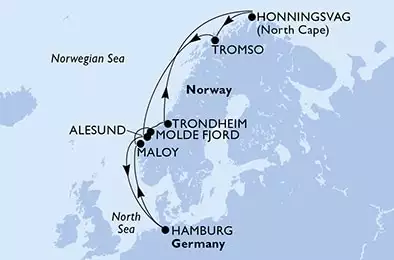 Hamburg,Maloy,Molde Fjord,Trondheim,Honningsvag,Tromso,Alesund,Hamburg
