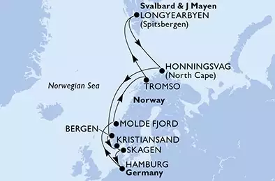 Hamburg,Molde Fjord,Tromso,Longyearbyen,Honningsvag,Bergen,Kristiansand,Skagen,Hamburg