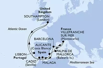 Malaga,Alicante,Palma de Mallorca,Palma de Mallorca,Villefranche sur Mer,Barcelona,Lisbon,Southampton,Cadiz,Malaga