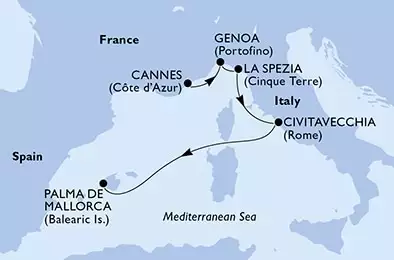 Cannes,Genoa,La Spezia,Civitavecchia,Palma de Mallorca