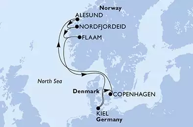 Kiel,Copenhagen,Alesund,Nordfjordeid,Flaam,Kiel